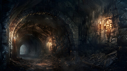 A dark, narrow tunnel with a few candles lit up