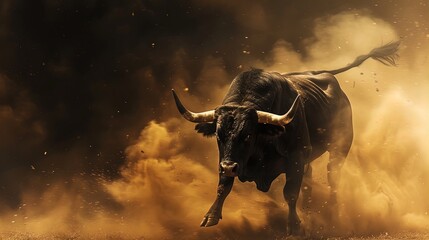 Charging bull in motion kicking up dust. Dynamic studio action shot. Strength and power concept. Design for poster, wallpaper, banner.