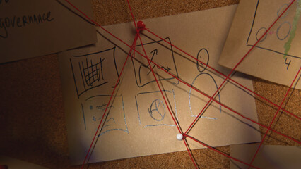 Close-up lighting of notes on board. Stock footage. Flashlight illuminates secret notes on board...