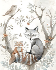 A fox and a rabbit are sitting on a tree branch