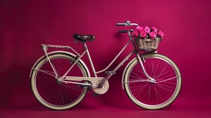 A retro bicycle with a front basket filled with a small bouquet of roses, set against a deep pink canvas for a romantic touch.