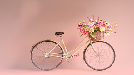 A retro bicycle with a front basket filled with a simple bouquet of mixed flowers, set against a light mauve background.