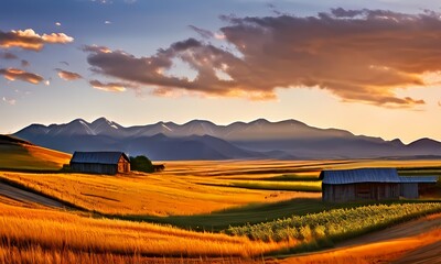 Fototapeta premium Farm landscape nestled in the valley before a towering mountain range, AI Generated