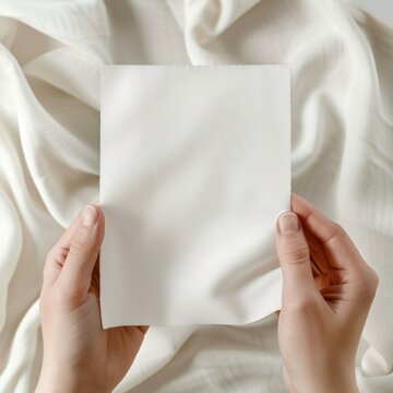 White blank fabric swatch card mockup napkin person paper.
