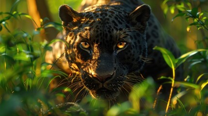 At the edge of a verdant oasis, a sleek panther prowls, its golden eyes glinting with intelligence as it hunts for prey.