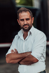 A successful businessman in a white shirt with crossed arms posing outdoors