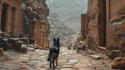 In the ancient city of Petra, a loyal dog faithfully follows its master through the winding stone corridors, ever watchful for danger.