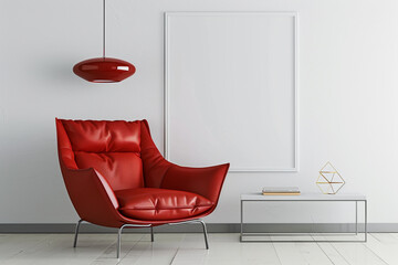 Red armchair with a blank mockup poster on a white wall, modern, spacious interior.