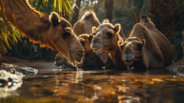 In the cool waters of a desert oasis, a group of camels drink deeply, their long necks bending gracefully as they quench their thirst.