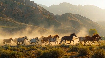 In the shadow of the Atlas Mountains, a proud stallion leads its herd across the rugged terrain, their hooves kicking up dust in their wake.