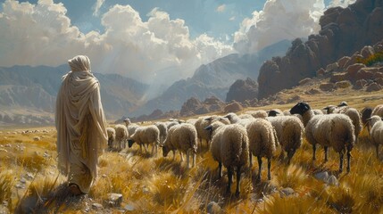 Under the watchful gaze of a Bedouin shepherd, a flock of sheep graze peacefully in the meadows, their bleats harmonizing with the rustle of the wind.