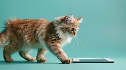 Munchkin Cats Curious Encounter with a Tablet on a Soft Teal Background