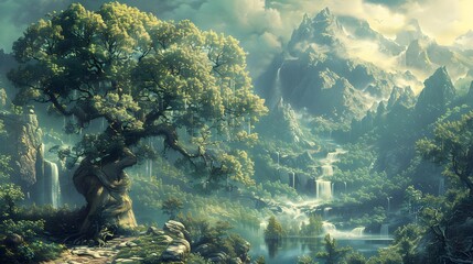 fantastical landscape rendered in the Art Nouveau style, with towering trees, cascading waterfalls