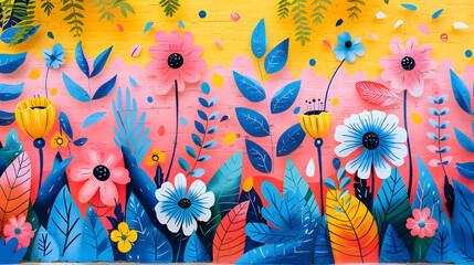 A colorful painting of a flower garden with a blue sky background