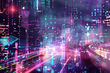 Naklejka premium A cityscape with a lot of lights and a lot of numbers