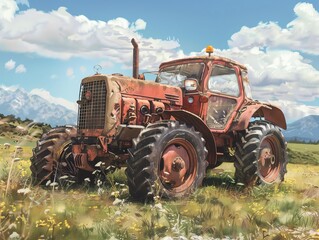 Naklejka premium Tractor on a farm field, realistic details, capturing the rugged texture