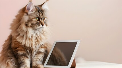 Persian Cat Embraces Technology Utilizing a Tablet on a Clean Pastel Cream Background
