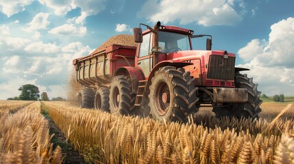 Tractor with a grain cart, transporting grain, high detail