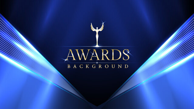 Blue awards graphic background with light neon effects with bokeh decorations. Luxury scene corporate design concept. Vector illustrations.