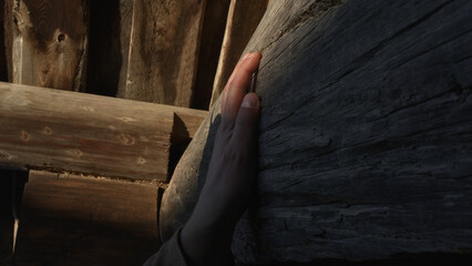 Close up of man hands slowly and timidly touching wooden beam house wall. Media. Concept of...