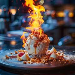 A fancy ice cream dessert being flamb&Atilde;&copy;ed, with flames dancing around the ice cream.
