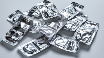 Used and discarded pill blister packs, silver with empty pockets, close-up on a plain white background, well-lit studio setting