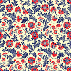 Seamless Russian national pattern with red and blue floral motifs. Traditional folk art design for fabrics, wallpaper and home decor.