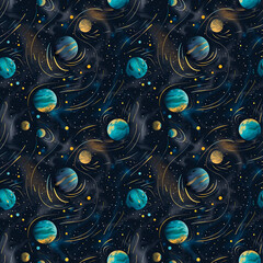Seamless Cosmic Pattern Featuring Colorful Planets, Stars, and Cosmic Trails on a Dark Background. Ideal for Space-Themed Projects, Kids' Room Decor, and Sci-Fi Inspired Designs. Vibrant and Mystical 