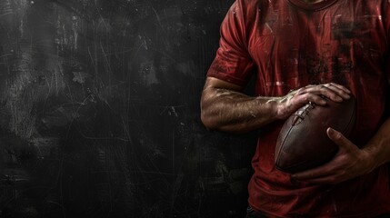 Panoramic banner featuring a football player holding an American football against a black blackboard texture background, Super Bowl Sunday promotions