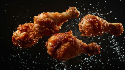 Top view of delicious crispy fried chicken with flying coating chicken drumsticks in action, isolated background, studio lighting