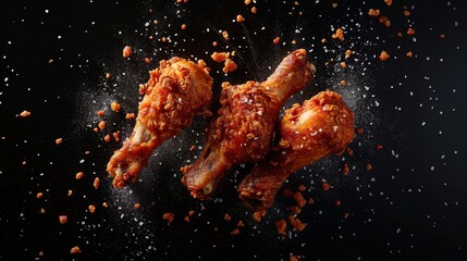 Top view of crispy fried chicken with flying coating chicken drumsticks, isolated background, studio lighting
