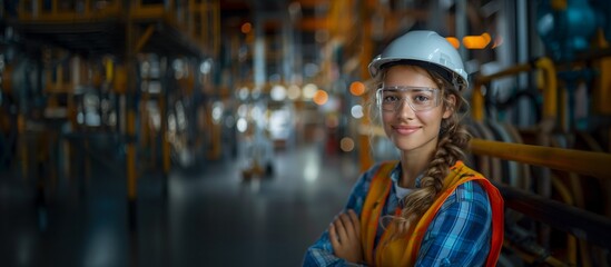 Caucasian Safety and Occupational Health Specialist Woman Smiling Confidently, Industrial Environment, Risk Mitigation Concept, PPE, Copy Space.