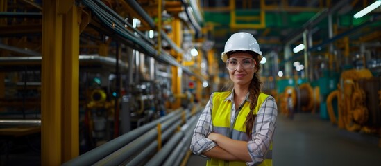 Caucasian Safety and Occupational Health Specialist Woman Smiling Confidently, Industrial Environment, Risk Mitigation Concept, PPE, Copy Space.