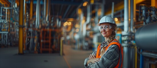 Caucasian Safety and Occupational Health Specialist Woman Smiling Confidently, Industrial Environment, Risk Mitigation Concept, PPE, Copy Space.