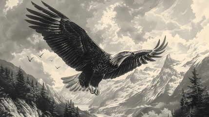 A dynamic engraving of an eagle in mid-flight, with outstretched wings and sharp talons