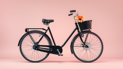 A sleek black bicycle with a front basket containing a single elegant flower, beautifully contrasted against a light pink background.