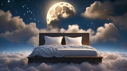 A bed with crisp white linens floats among fluffy clouds, illuminated by a full moon and starry night sky. This serene and magical scene evokes a sense of tranquility, dreams, and peaceful sleep.