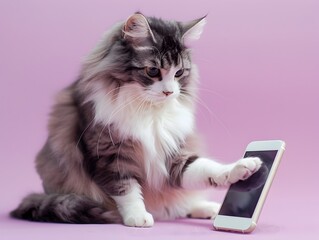 American Curl Cat Embraces Modern Technology with a Smartphone on a Pastel Lavender Background