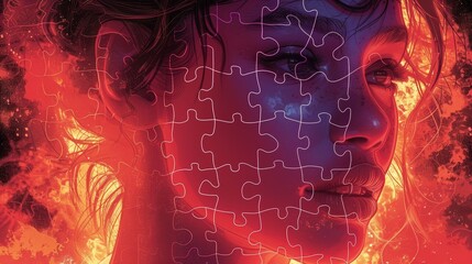 Puzzle pieces, 2D illustrations, abstract dreamlike inspirational images. Illustration of a person in a dream in a fantasy world. Ideas. Perfection.