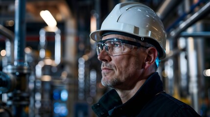 A man wearing a safety helmet and safety glasses stands in a factory.