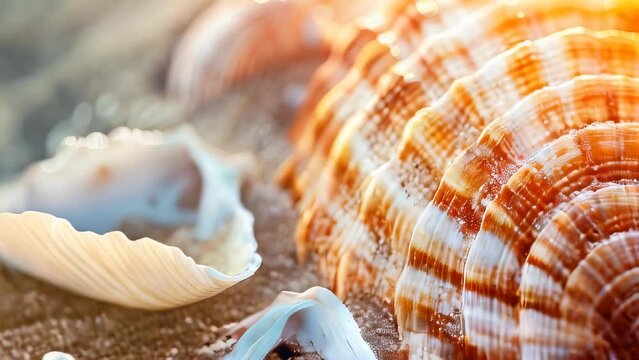 Close-up of seashells on sandy beach at sunset, focusing details and textures