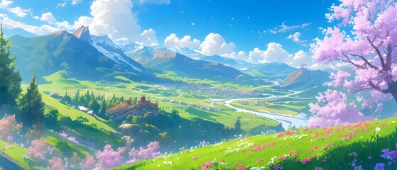 A serene landscape featuring a sprawling valley, a vibrant green tree in the foreground, and majestic mountains under a clear blue sky.