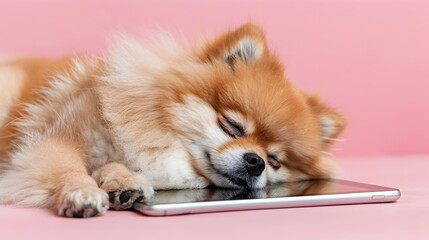 Pomeranians Technology Nap on Pastel Pink Background