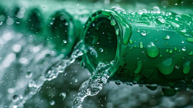 Macro shot of a green plastic pipe with water seeping through a small hole, tiny splashes and droplets captured mid-air