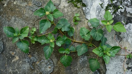 Bright green leaves of creeper plants Rhaphidophora celatocaulis Hayi korthalsii Schott growing on an old cement wall