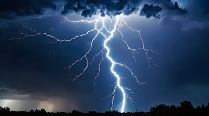 Lightning, electric thunderbolt strike of blue color during night storm, impact, crack, magical energy flash