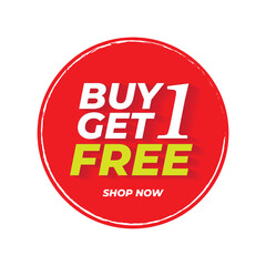 Buy one get one free banner or popup bubble circle red and white big highlight banner, BOGO free offer badge BOGO sale label