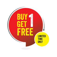 Buy one get one free banner or popup bubble circle red and white big highlight banner, BOGO free offer badge BOGO sale label