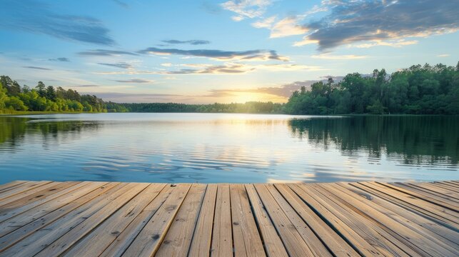 Sky background enhances wooden floor platform overlooking a lake