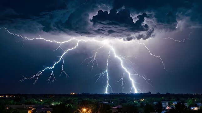Lightning, electric thunderbolt strike of blue color during night storm, impact, crack, magical energy flash